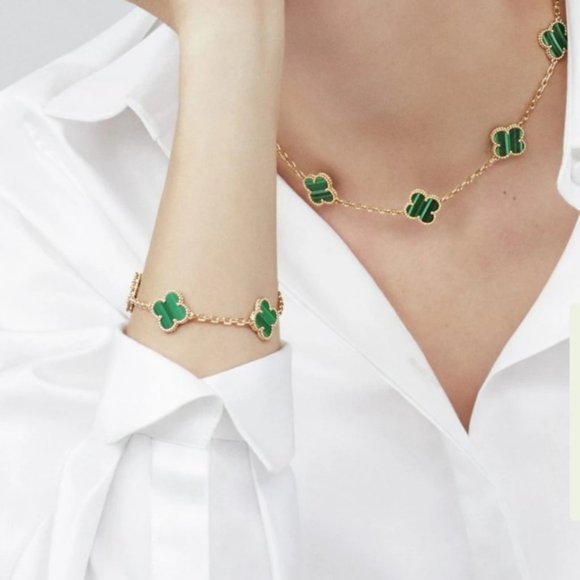 Clover Bracelet, 5-Motif Quatrefoil Alhambra, Green Malachite & Gold, New - Picture 6 of 7